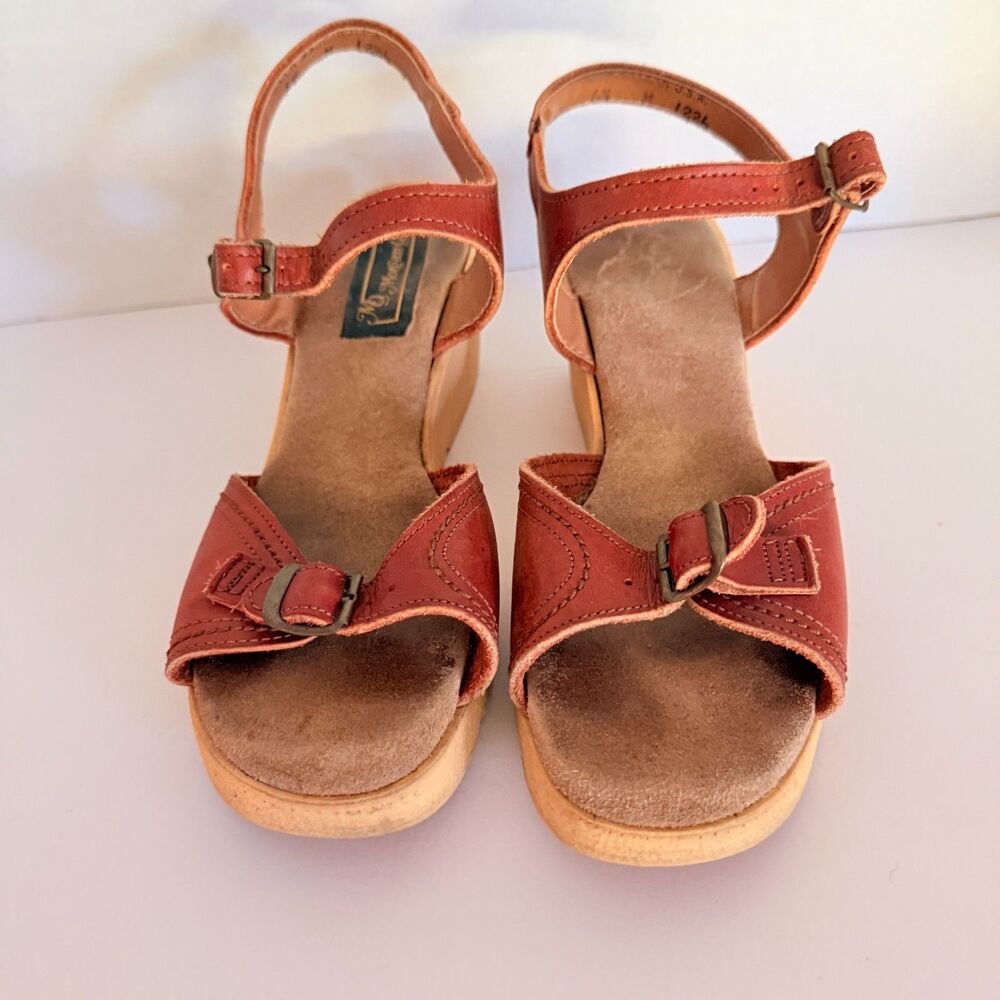 Morgan Quinn VTG 70s Platform Brown Leather Wedge Sandals 8.5 Ankle Strap Buckle - Picture 5 of 9